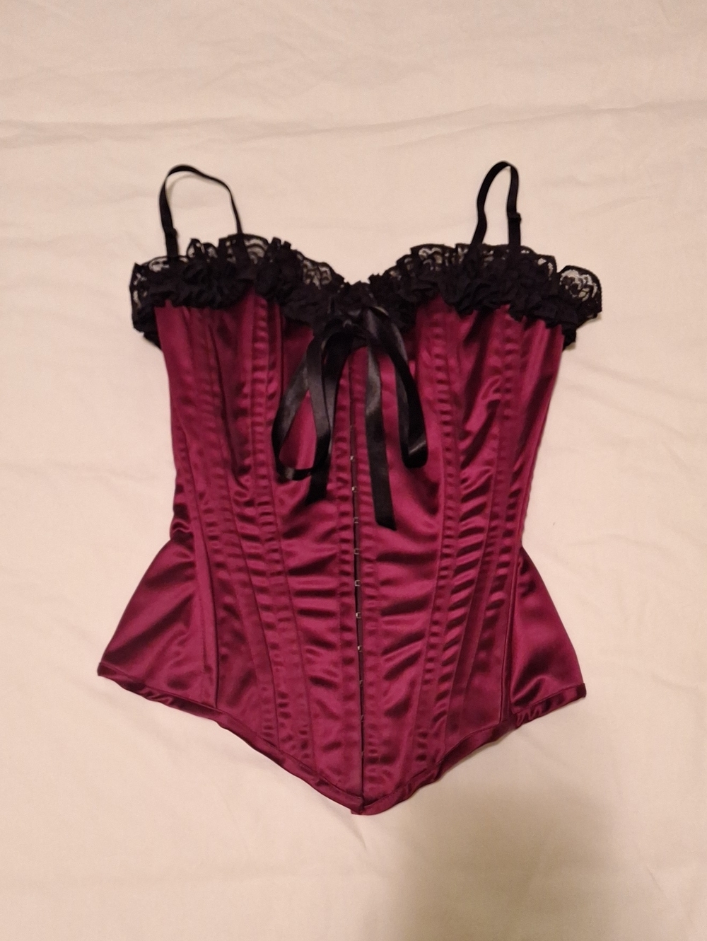 MADE IN UK Diva Satin Steel-boned Corset Bustier in Burgundy with Black Lace